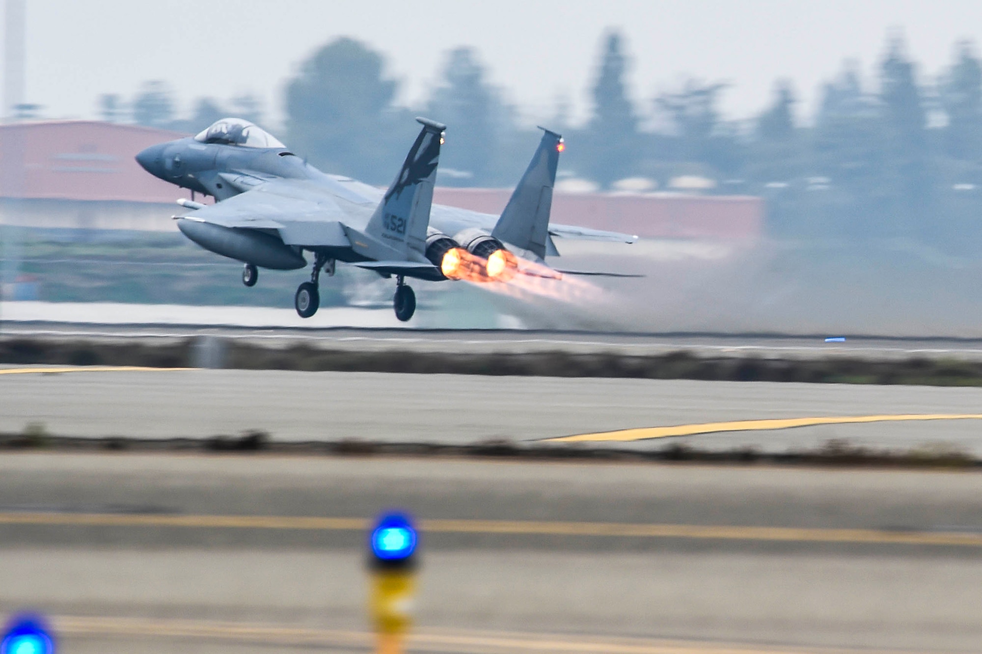 U.S. Air Force Col. John York, 144th Operations Group commander, takes off in an F-15C Eagle during his fini flight with the 144th Fighter Wing at the Fresno Air National Guard Base Jan. 8, 2016. (Air National Guard photo by Senior Airman Klynne Pearl Serrano)