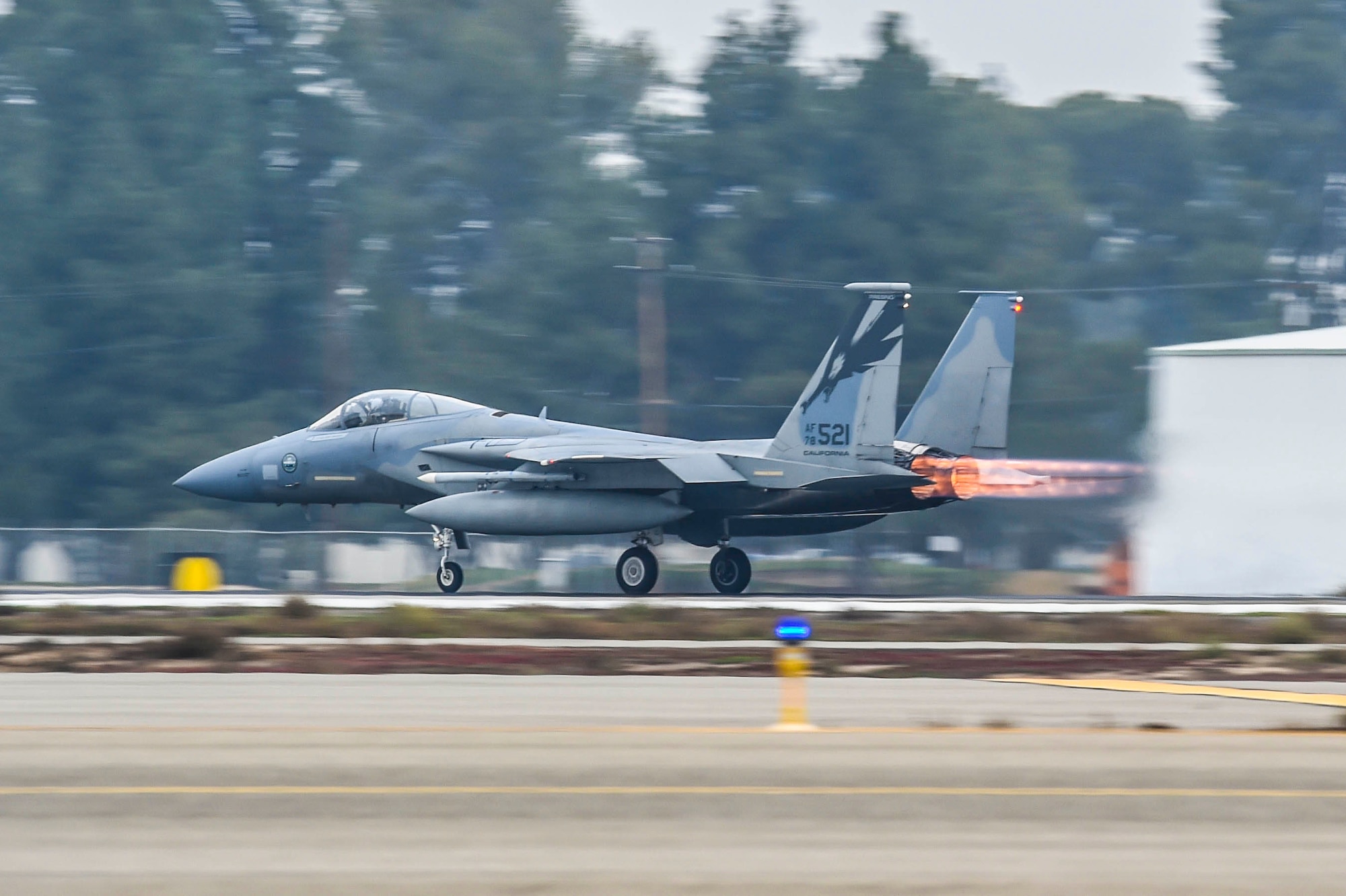 U.S. Air Force Col. John York, 144th Operations Group commander, takes off in an F-15C Eagle during his fini flight with the 144th Fighter Wing at the Fresno Air National Guard Base Jan. 8, 2016. (Air National Guard photo by Senior Airman Klynne Pearl Serrano)