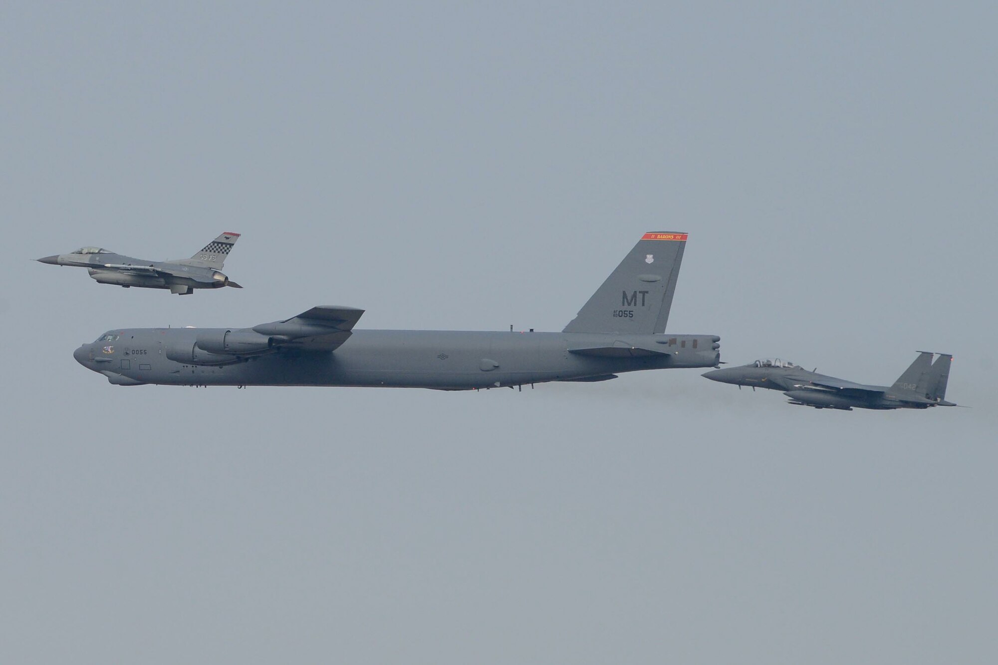 A U.S. Air Force B-52H  Stratofortress from Andersen Air Force Base, Guam, conducted a low-level flight in the vicinity of Osan Air Base, South Korea, in response to recent provocative action by North Korea Jan. 10, 2016. The B-52 was joined by a ROKAF F-15 Slam Eagle and a U.S. Air Force F-16 Fighting Falcon.  The B-52 is a is a long-range, heavy bomber that can fly up to 50,000 feet and has the capability to carry 70,000 pounds of nuclear or precision guided conventional ordnance with worldwide precision navigation capability. (U.S. Air Force photo/Airman 1st Class Dillian Bamman)