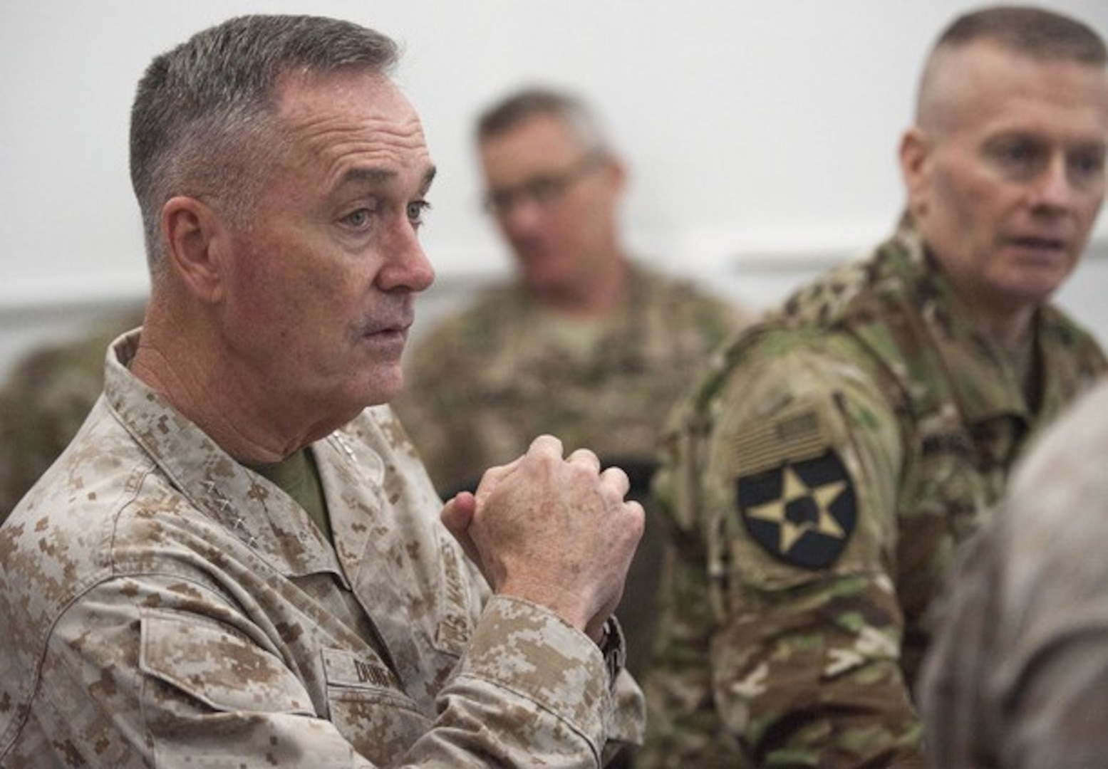U.S. Marine Corps Gen. Joseph F. Dunford Jr., chairman of the Joint Chiefs of Staff, listens to a brief at the Combined Joint Operations Center in Baghdad, Jan. 8, 2016. (DoD Photo by Navy Petty Officer 2nd Class Dominique A. Pineiro)