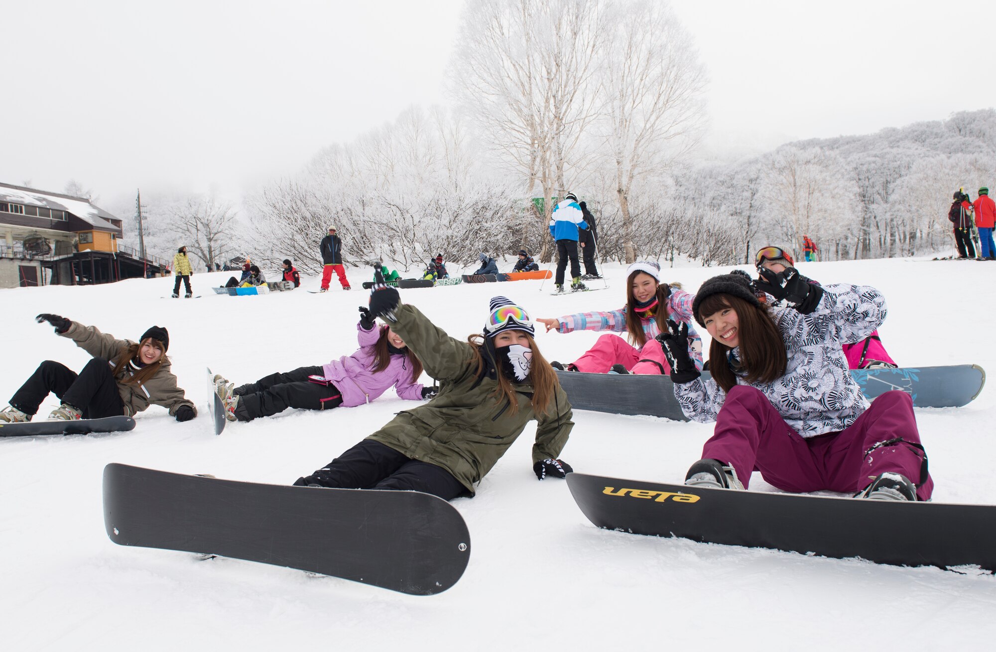 Snowboarders prepare to take the green slope at Nozawa Onsen, Japan, Jan. 6, 2016. Nozawa Onsen is well-known for its powdery snow and quality slopes, which were a location used during the 1998 Winter Olympics. (U.S. Air Force photo by Airman 1st Class Elizabeth Baker/Released)