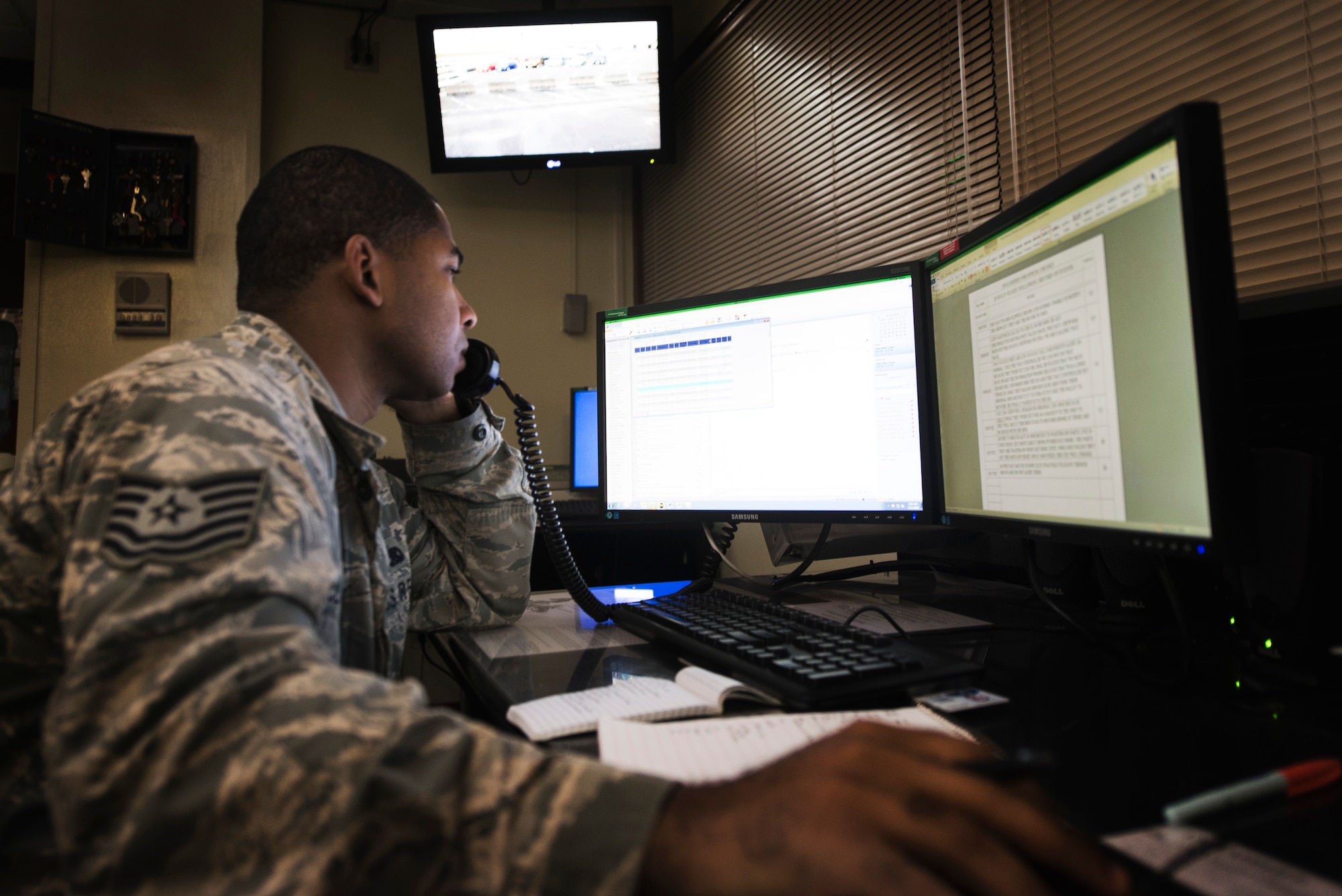 U.S. Air Force Tech. Sgt. Christopher Clarke, 18th Wing Command Post senior controller, tracks inbound and outbound Air Mobility Command missions Jan. 11, 2016, at Kadena Air Base, Japan. The 18th Wing Command Post supports the wing commander and disseminates information to the installation. (U.S. Air Force photo by Senior Airman Omari Bernard)