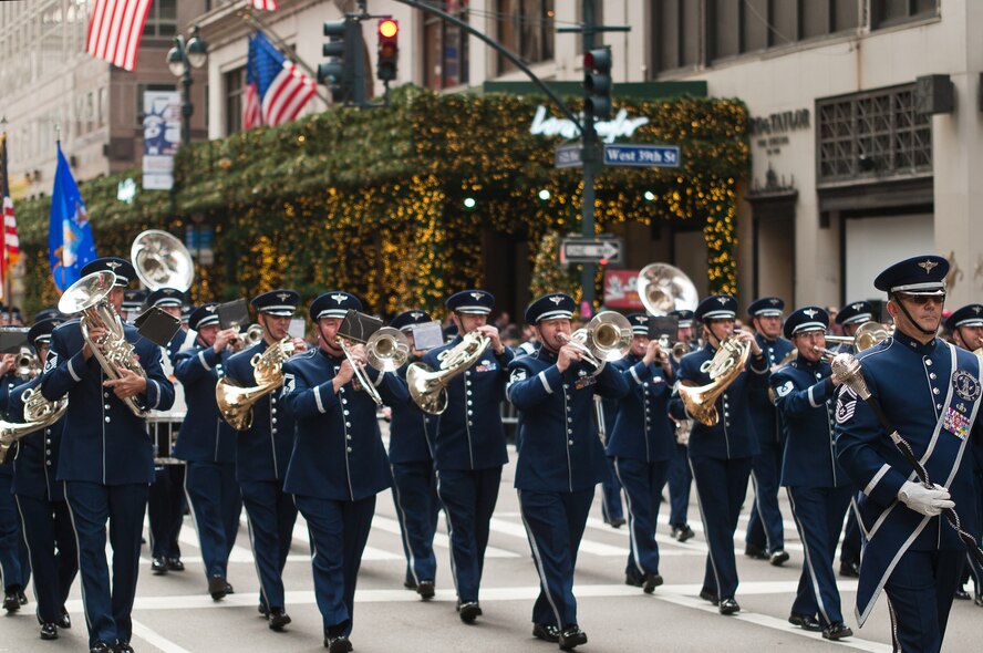 Members of the Air National Guard Band of the Northeast perform on 5th Avenue, New York City, Nov. 11, 2015, as part of the Veterans Day Parade. The Air National Guard Band of the Northeast is headquartered at Ft. Indiantown Gap, Annville, Pennsylvania, and is part of the 193rd Special Operations Wing. (U.S. Air National Guard photo by Senior Airman Ethan Carl/Released)