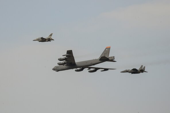 A U.S. Air Force B-52 Stratofortress from Andersen Air Force Base, Guam, conducted a low-level flight in the vicinity of Osan, South Korea, in response to recent provocative action by North Korea Jan 10, 2016. The B-52 was joined by a ROKAF F-15 Slam Eagle and a U.S. Air Force F-16 Fighting Falcon.  The B-52 is a is a long-range, heavy bomber that can fly up to 50,000 feet and has the capability to carry 70,000 pounds of nuclear or precision guided conventional ordnance with worldwide precision navigation capability. (U.S. Air Force photo/Senior Airman Kristin High)