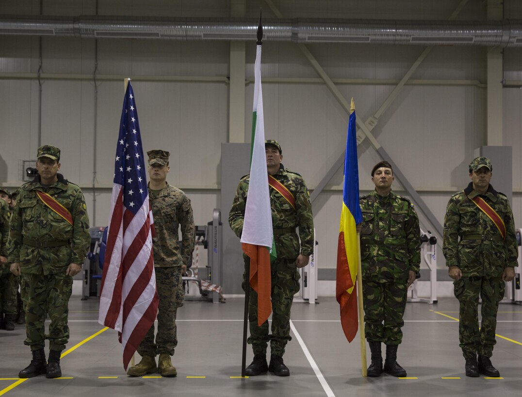 Marines with the Combined Arms Company, Black Sea Rotational Force, Bulgarian and Romanian Forces mark the beginning to Platinum Lion 16.2 on Novo Selo Training Area, Bulgaria, Jan. 7, 2016. Exercise Platinum Lion increases readiness and demonstrates our collective ability to operate as a single force committed to protecting the sovereignty of NATO allies and other European partners. (U.S. Marine Corps Photo by Cpl. Justin T. Updegraff/ Released)