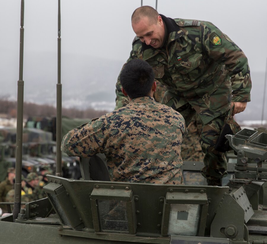 Marines with the Combined Arms Company, Black Sea Rotational Force, Bulgarian and Romanian Forces spent the afternoon getting hands on with the vehicles and weapons each country has brought to Platinum Lion 16.2 on Novo Selo Training Area, Bulgaria, Jan. 7, 2016. Platinum Lion is designed to increase collective capabilities and demonstrates our collective ability to operate as a single force committed to protecting the sovereignty of NATO allies and other European partners. (U.S. Marine Corps Photo by Cpl. Justin T. Updegraff/ Released)