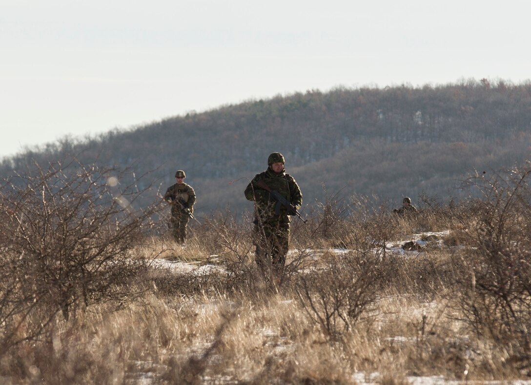 Marines with the Combined Arms Company, Black Sea Rotational Force and Romanian Forces conduct patrols during Platinum Lion 16-2 at Novo Selo Training Area, Bulgaria, Jan. 8, 2016. Exercise Platinum Lion provides combined training with NATO Allies and partners, demonstrating our commitment to promoting a peaceful and stable Europe through theatre security cooperation engagements. (U.S. Marine Corps Photo by Cpl. Justin T. Updegraff/ Released)