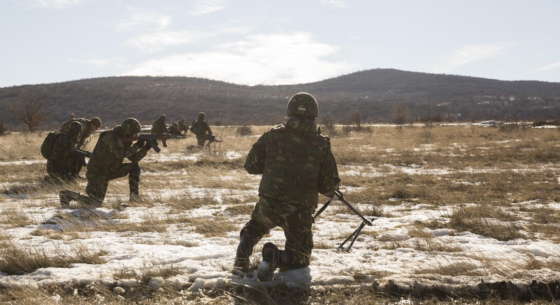 Marines with the Combined Arms Company, Black Sea Rotational Force and Romanian Forces rehearse an Anti-Personnel Obstacle Breaching System breach during Platinum Lion 16-2 at Novo Selo Training Area, Bulgaria, Jan. 8, 2016. An APOBS breach is used to clear a foot path through a wire, or mine field, obstacle for personnel. Exercise Platinum Lion provides combined training with NATO Allies and partners, demonstrating our commitment to promoting a peaceful and stable Europe through theatre security cooperation engagements. (U.S. Marine Corps Photo by Cpl. Justin T. Updegraff/ Released)