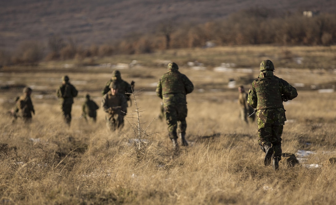 Marines with the Combined Arms Company, Black Sea Rotational Force and Romanian Forces rehearse an Anti-Personnel Obstacle Breaching System breach during Platinum Lion 16-2 at Novo Selo Training Area, Bulgaria, Jan. 8, 2016. An APOBS breach is used to clear a foot path through a wire, or mine field, obstacle for personnel. Exercise Platinum Lion provides combined training with NATO Allies and partners, demonstrating our commitment to promoting a peaceful and stable Europe through theatre security cooperation engagements. (U.S. Marine Corps Photo by Cpl. Justin T. Updegraff/ Released)