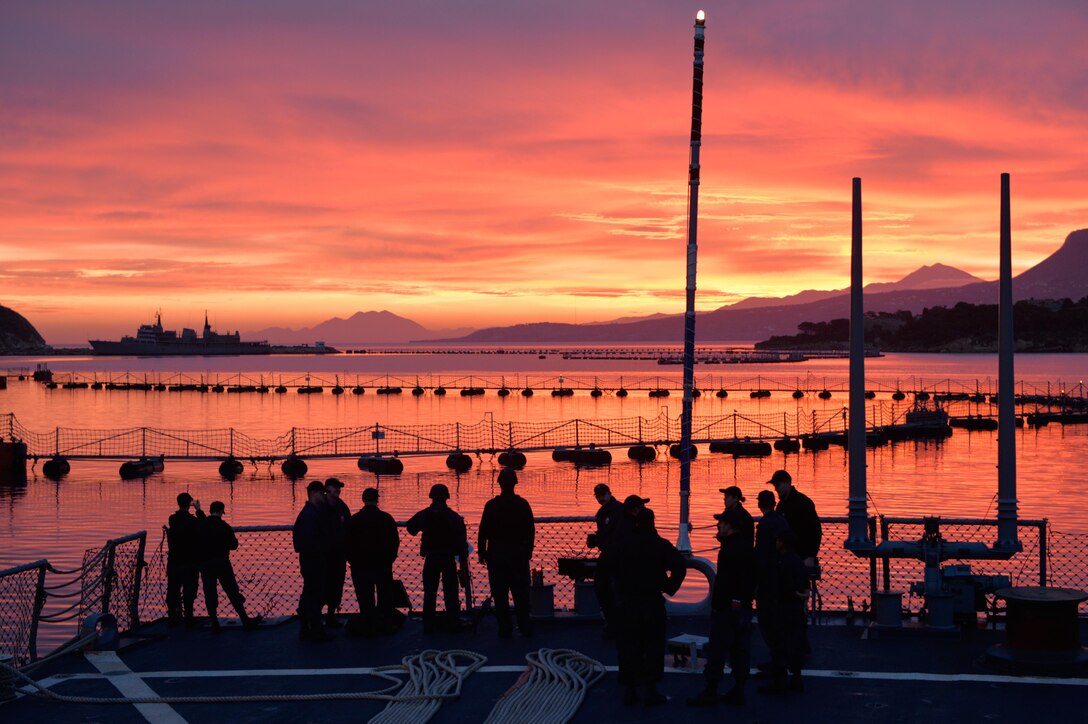 U.S. sailors aboard USS Ross conduct sea and anchor detail before departing Souda Bay, Greece, Jan. 10, 2016. U.S. Navy photo by Petty Officer 2nd Class Justin Stumberg