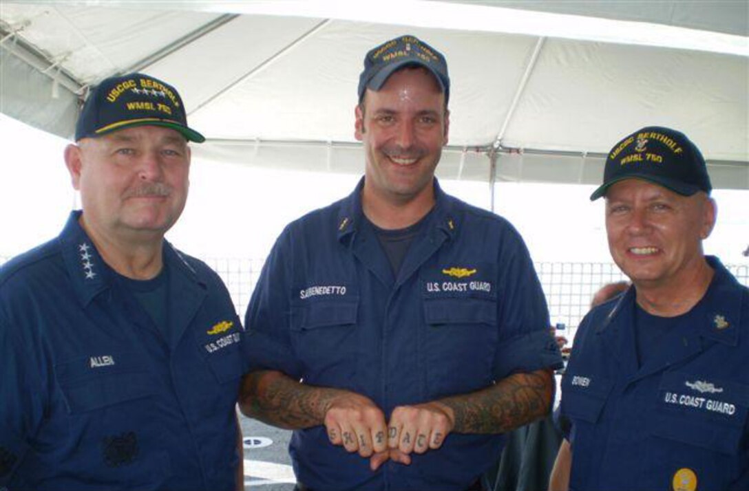 Coast Guard Chief Petty Officer Richard Sambenedetto poses with Adm. Thad Allen, the 23rd Commandant of the Coast Guard, and the 10th Master Chief Petty Officer of the Coast Guard Charles “Skip” Bowen aboard the Coast Guard Cutter Bertholf, June 26, 2008. Sambenedetto is a plank owner of the Bertholf, meaning he was a member of the cutter’s first crew. U.S. Coast Guard photo