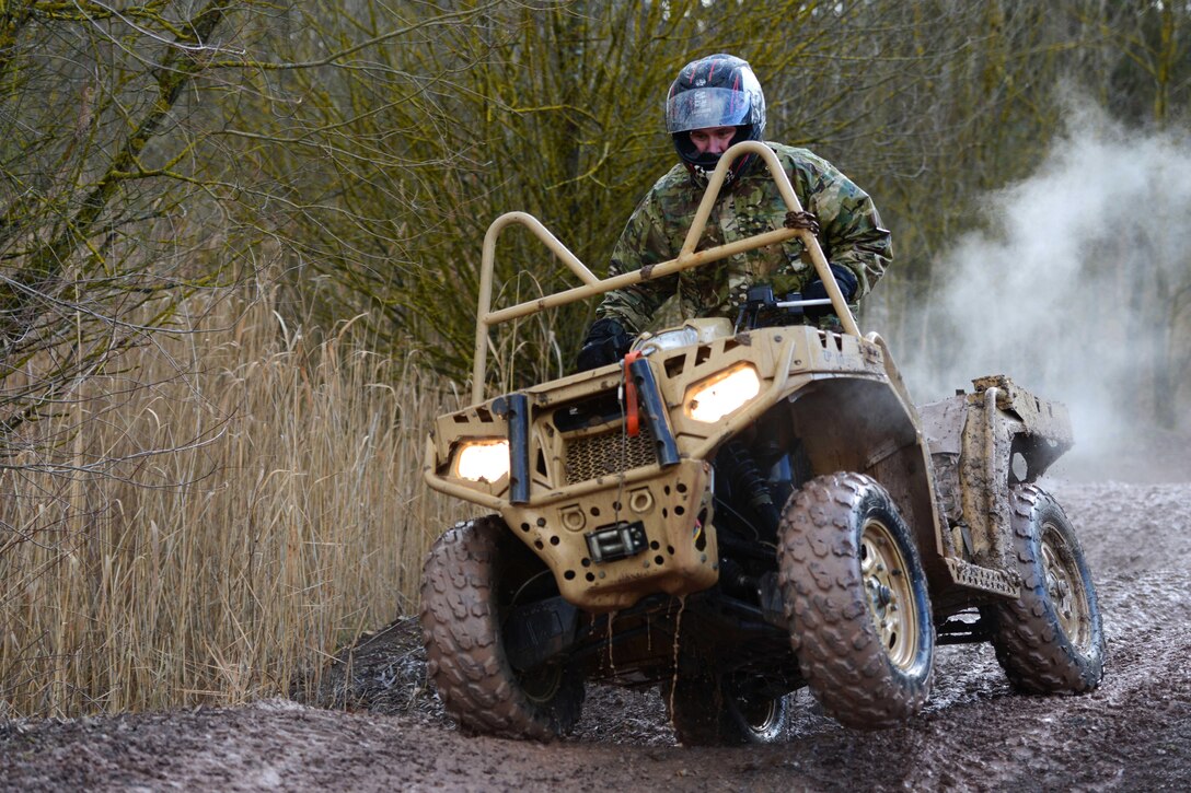 A U.S. soldier tests the capabilities of the MRZR4 LT-All Terrain Vehicle in the Boeblingen Local Training Area, Germany, Jan. 5, 2016. U.S. Army photo by Jason Johnston