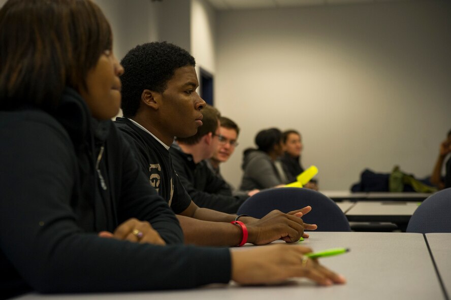 Trainees from the Development and Training Flight prepare for instruction January 9, 2016 at Joint Base Charleston. Tech. Sgt. Joshua Melton, the DTF program coordinator for the 315th Airlift Wing, teaches participants the basics of marching and Air Force protocol during their duty day.