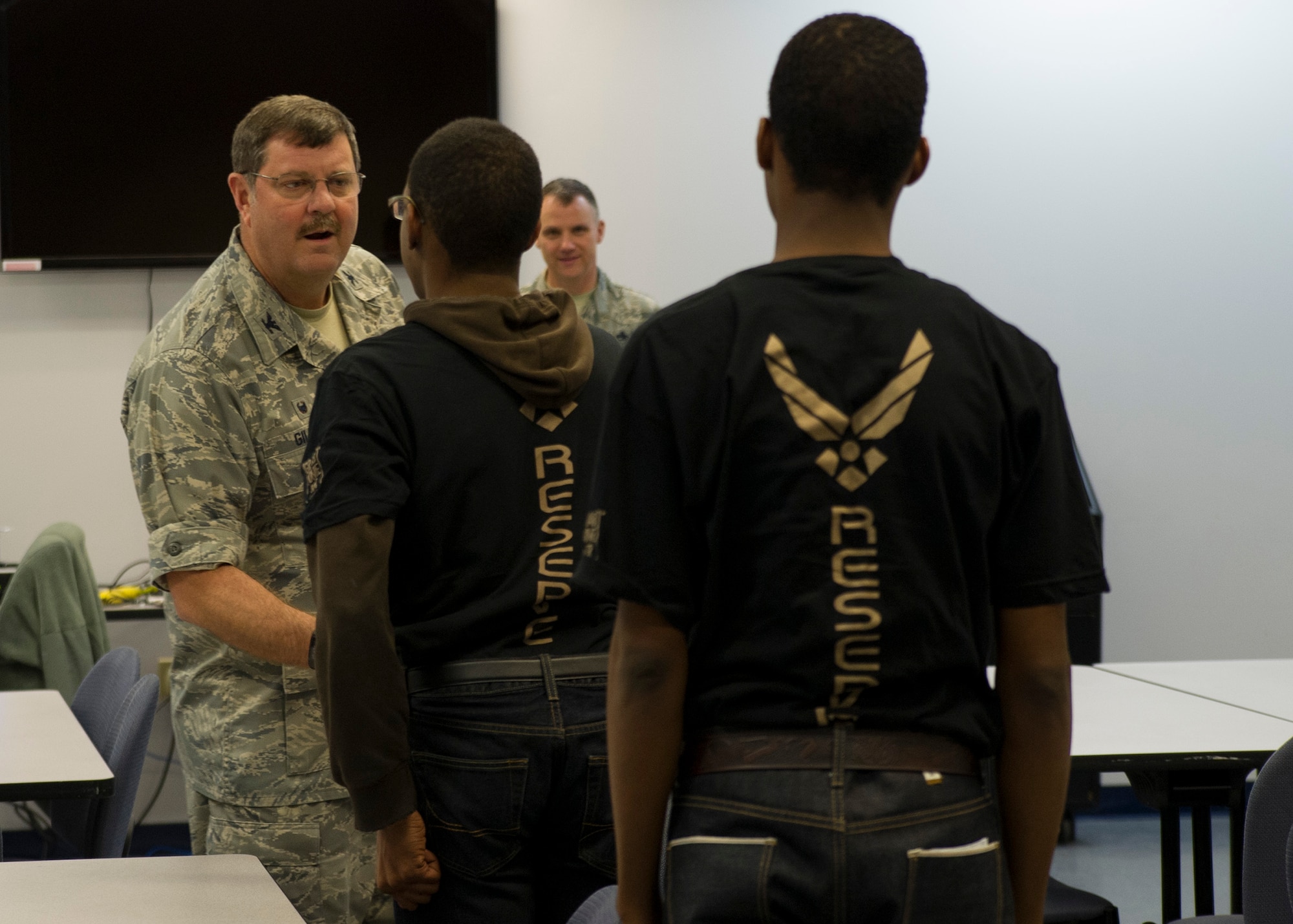 Col. Gregory Gilmour greets trainees assigned to the Development and Training Flight January 9, 2016 at JB Charleston. The DTF prepares new enlistees for their upcoming departure for Basic Military Training.