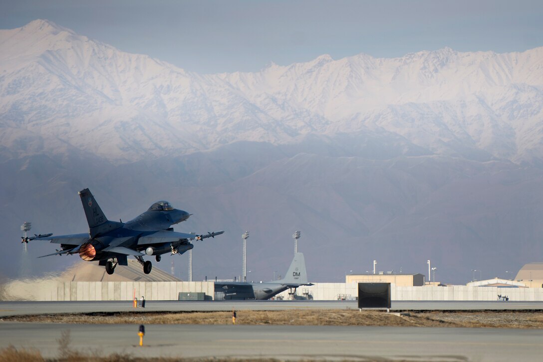 An F-16 Fighting Falcon aircraft departs on a sortie from Bagram Airfield, Afghanistan, Jan. 8, 2016. The pilot is assigned to the 421st Expeditionary Fighter Squadron, deployed from Hill Air Force Base, Utah. U.S. Air Force photo by Tech. Sgt. Robert Cloys
