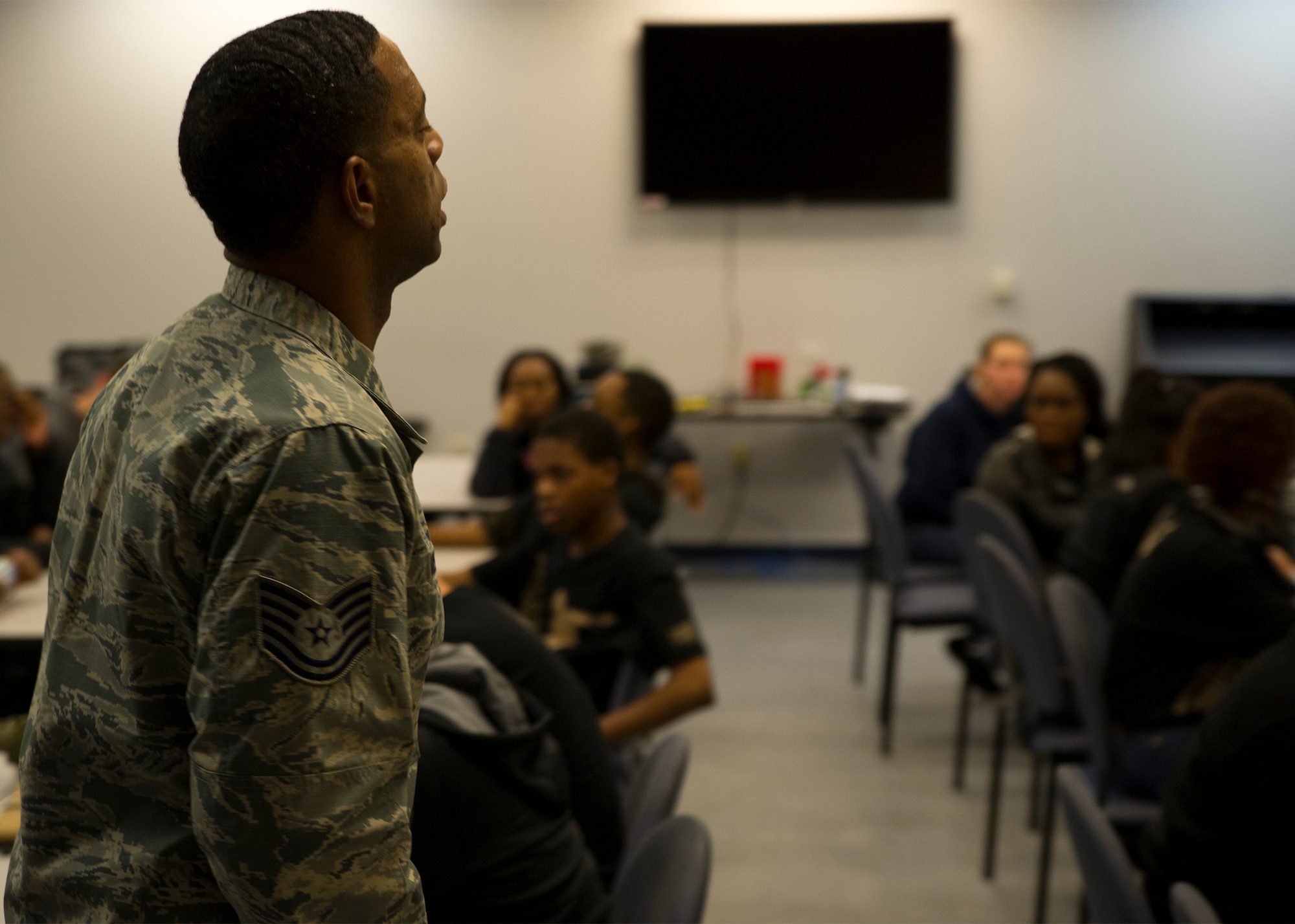 Tech. Sgt. Joshua Melton, the Development and Training Flight program coordinator for the 315th Airlift Wing at Joint Base Charleston, instructs participants of the DTF January 9, 2016 at JB Charleston. Trainees are taught the basics of Air Force protocol, marching and other skills prior to their departure for Basic Military Training.