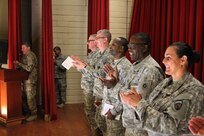 Maj. Gen. Mark Palzer Commanding General of the 79th Sustainment Support Command along with other senior officers and enlisted Soldiers thank the families attending the deployment mobilization ceremony for their support, Jan. 10. The 304th Sustainment Brigade (Special Troops Battalion) prepare for a year deployment to Fort Bliss, Texas.