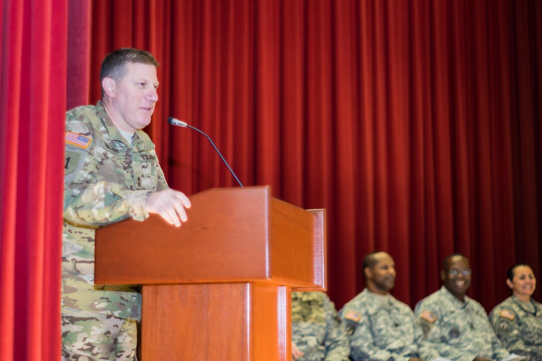 Maj. Gen. Mark Palzer, commanding general, 79th Sustainment Support Command, speaks to Soldiers and families during a deployment mobilization ceremony for their support, Jan. 10. The 304th Sustainment Brigade (Special Troops Battalion) are leaving for a year deployment to Fort Bliss, Texas.