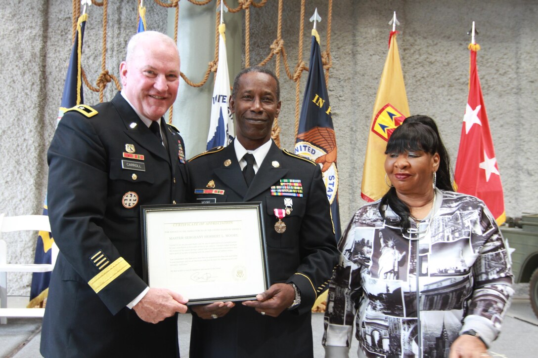 Four Soldiers from the 377th Theater Sustainment Command, with a combined service exceeding 130 years, retired from the Army with a ceremony held at the National World War II Museum here. The retirees were: Col. Bryan Peterson, Chief Warrant Officer Four Edward Byas and Master Sgt. Herbert Moore.