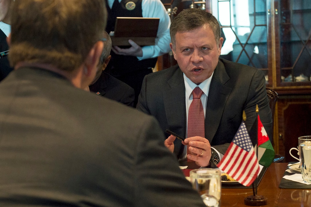 Jordanian King Abdullah II talks with Defense Secretary Ash Carter during a meeting at the Pentagon, Jan. 11, 2016. DoD photo by Air Force Senior Master Sgt. Adrian Cadiz