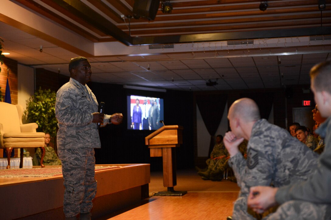 Col. Michael Lawrence, 366th Maintenance Group commander, speaks to a group of Gunfighters and opens up about a difficult time he faced in his career. During an event called Storytellers at Mountain Home Air Force Base, Idaho, Jan. 4, 2016, airmen had the opportunity to share with their fellow Gunfighters about times when their resiliency has been tested and how they were able to overcome it. (U.S. Air Force photo by Senior Airman Malissa Lott/RELEASED)