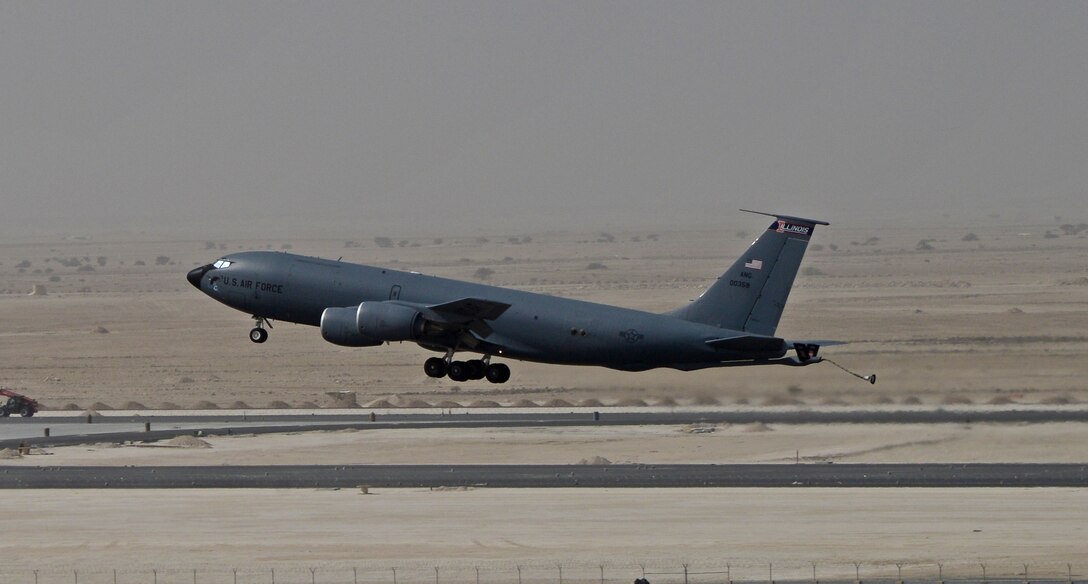 A KC-135 Stratotanker takes off from the flightline at Al Udeid Air Base, Qatar, Feb. 18, 2015. The KC-135 fleet at Al Udeid AB flew more than 14,700 sorties in 2015 accumulating 103,419 combat hours in support of Operations Inherent Resolve and Freedom’s Sentinel. (U.S. Air Force photo/Senior Airman Kia Atkins)