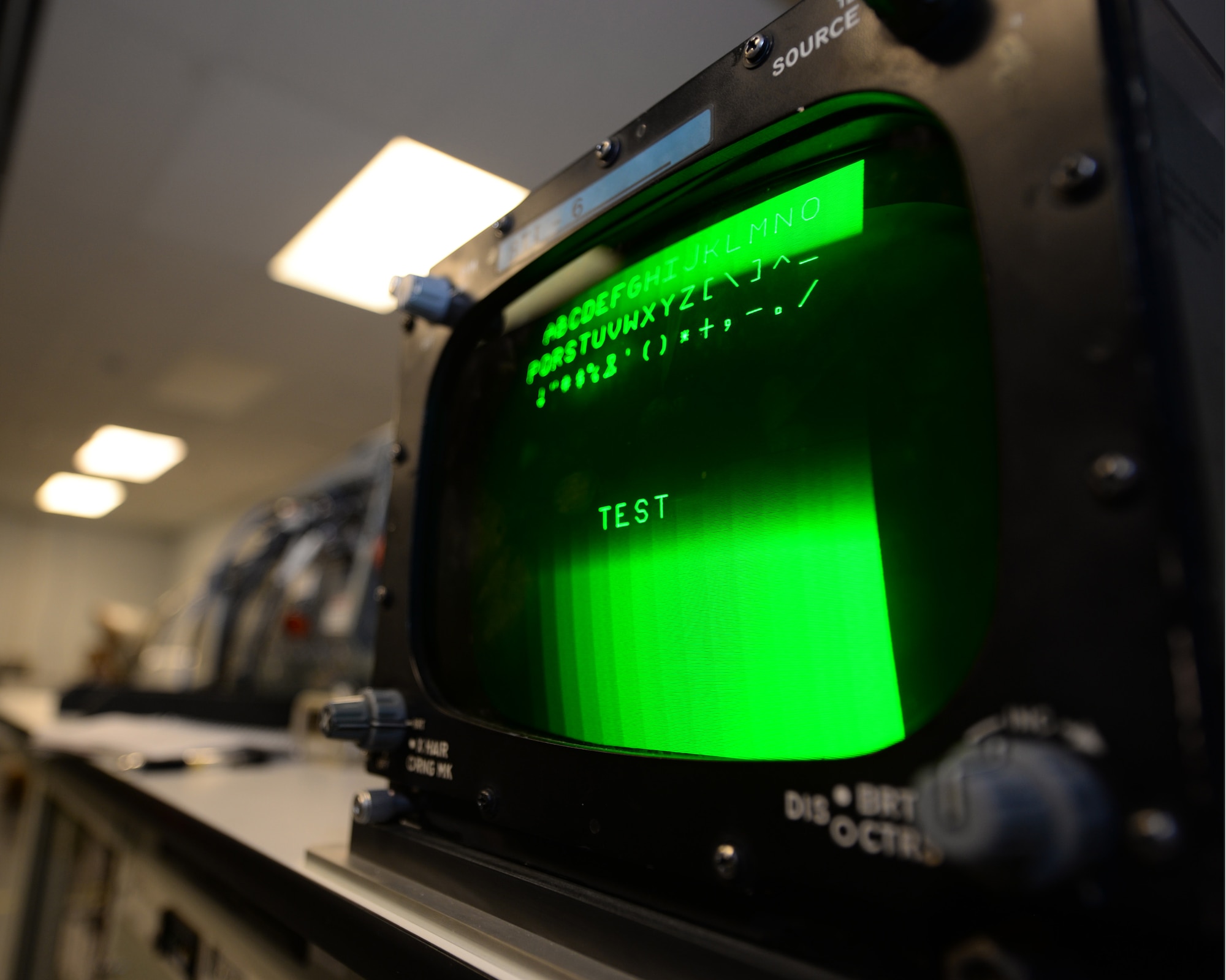 A radar target indicator monitor displays a self-test procedure at Ellsworth Air Force Base, S.D., Jan. 6, 2016. During operations, the monitor will display anything solid enough to receive and send a signal back to the B-1 to help with navigation. (U.S. Air Force photo by Airman Sadie Colbert/Released)
