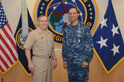 U.S. Navy Adm. Cecil D. Haney (right), U.S. Strategic Command commander, poses for a photo with U.S. Navy Vice Adm. William M. Brown, Director for Logistics, Joint Staff, during Brownâ€™s visit to USSTRATCOM Headquarters, Offutt Air Force Base, Neb., Jan. 11, 2015. While here, Brown participated in a series of discussions with USSTRATCOM senior leaders to gain a better understanding of the command and its missions. One of nine DoD unified combatant commands, USSTRATCOM has global strategic missions, assigned through the Unified Command Plan, which include strategic deterrence; space operations; cyberspace operations; joint electronic warfare; missile defense; intelligence, surveillance and reconnaissance; combating weapons of mass destruction; and analysis and targeting. (USSTRATCOM photo by Steve Cunningham)