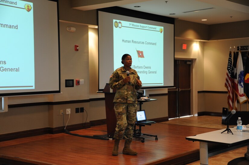 Brig. Gen. Barbara Owens, deputy commanding general, Human Resources Command, briefs 1st MSC Officers during Officer Professional Development (OPD) training session Saturday, Jan. 9. The training focused on officer career development and promotions.