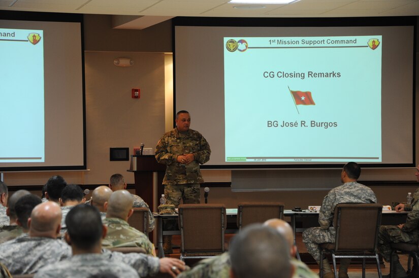 Brig. Gen. Jose R. Burgos, commanding general for the 1st MSC, delivers closing comments to over 120 1st MSC officers attending the Officer Professional Development (OPD) training session Saturday, Jan. 9. The training focused on officer career development and promotions.