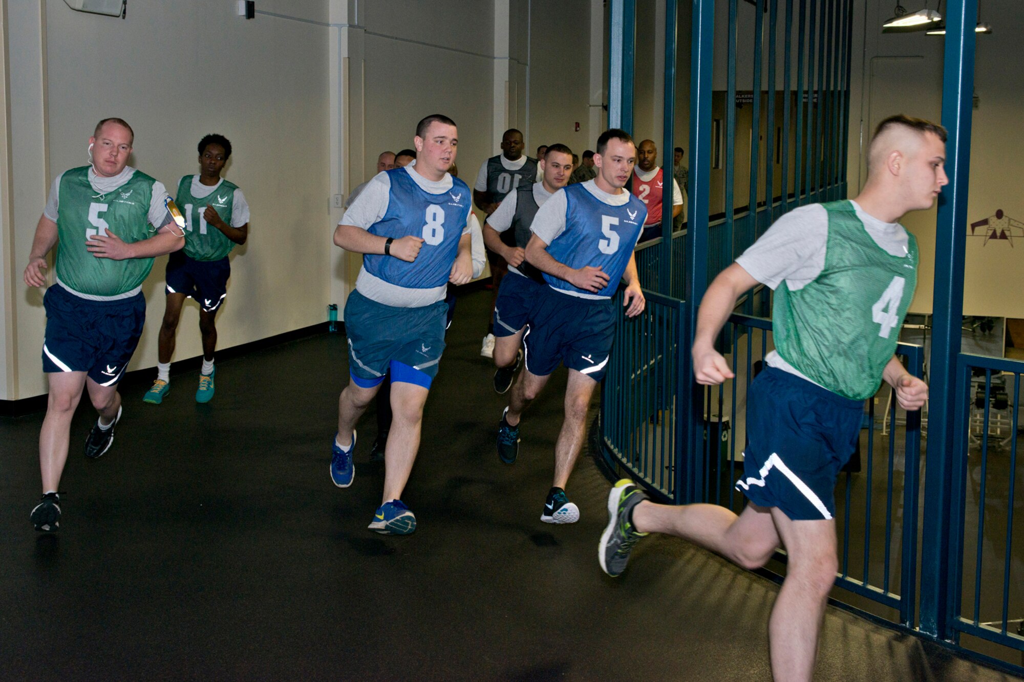 U.S. Air Force Reservists assigned to the 913th Airlift Group participate in the run portion of their physical fitness assessment test at Little Rock Air Force Base, Ark., Jan. 9, 2016. Many Airmen push themselves to score 90 or above, which allows them to test annually, rather than biannually. (U.S. Air Force photo by Master Sgt. Jeff Walston/Released)