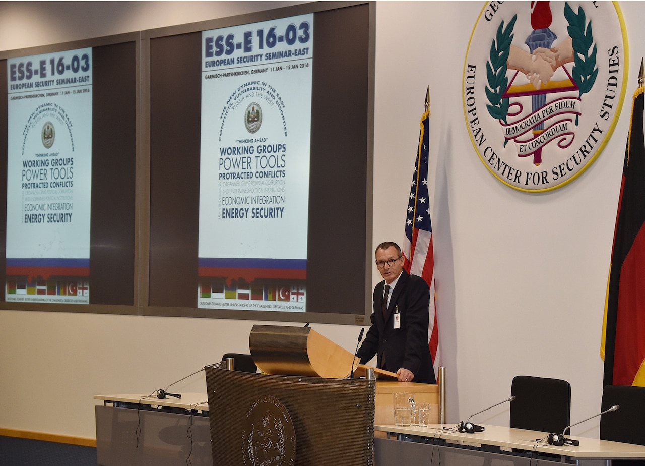 Dr. Ralf Roloff, senior German professor at the Marshall Center’s College of International and Security Studies, welcomes 58 participants from 28 countries to the new European Security Seminar-East, held Jan. 11, 2016, at the George C. Marshall European Center for Security Studies in Garmisch-Partenkirchen, Germany. Marshall Center photo by Karl-Heinz Wedhorn
