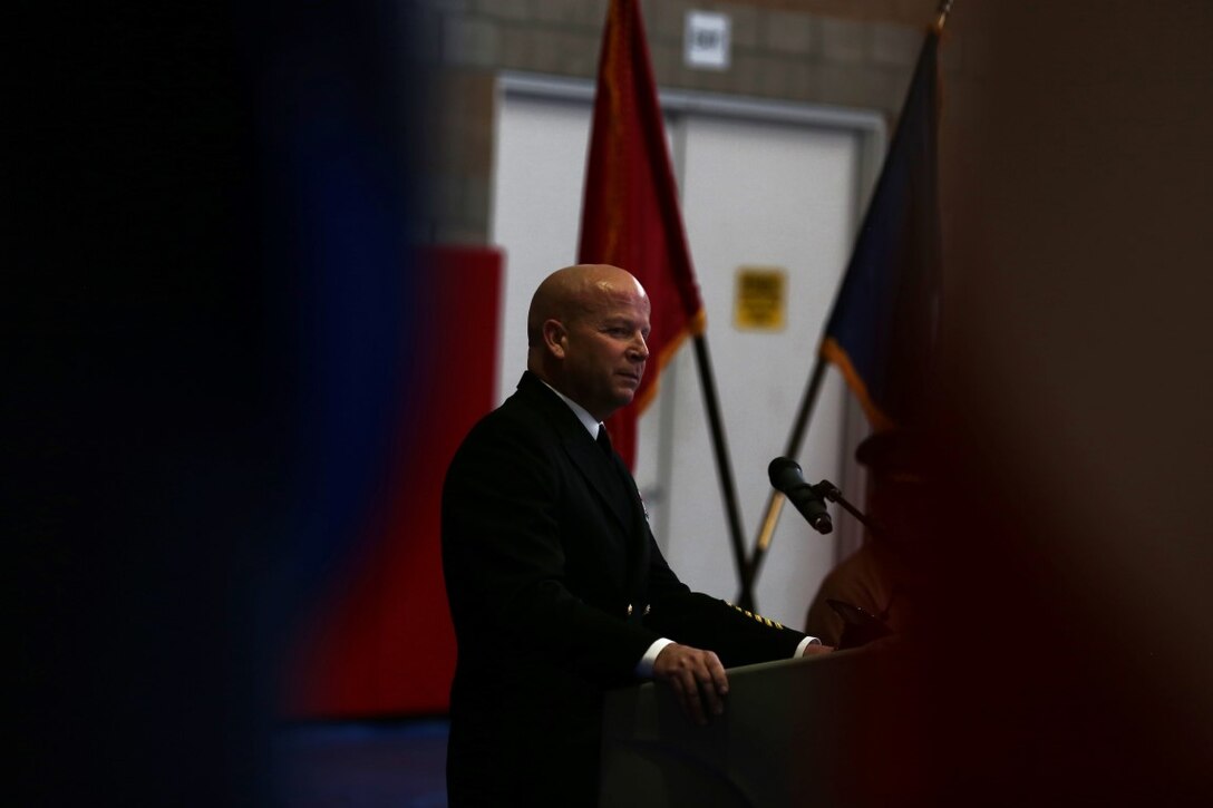 Master Chief Petty Officer Robert Lemons, the command master chief of the 1st Marine Division, speaks to the attendees of his retirement ceremony aboard Marine Corps Base Camp Pendleton, Calif., Jan. 8, 2016. Lemons enlisted in the U.S. Navy in 1986 and served a majority of his time in the service as a corpsman.