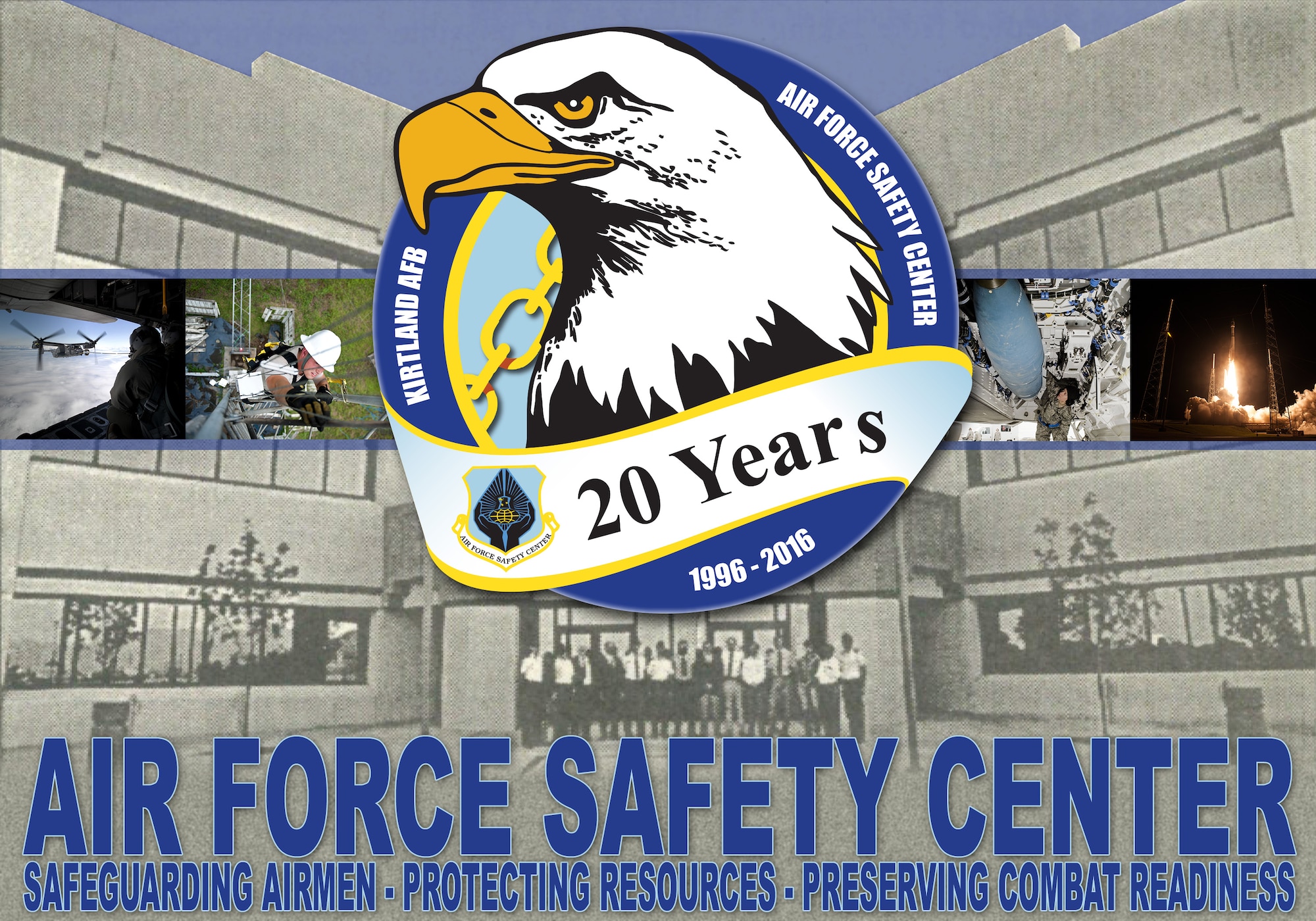 The Air Force Safety Center commemorates the organization's 20th anniversary in 2016. The center was activated Jan. 1, 1996, as a result of recommendations accepted from the Blue Ribbon Panel on Aviation in 1995, which consolidated all safety functions at Kirtland Air Force Base, Calif. (U.S. Air Force illustration/Keith Wright)