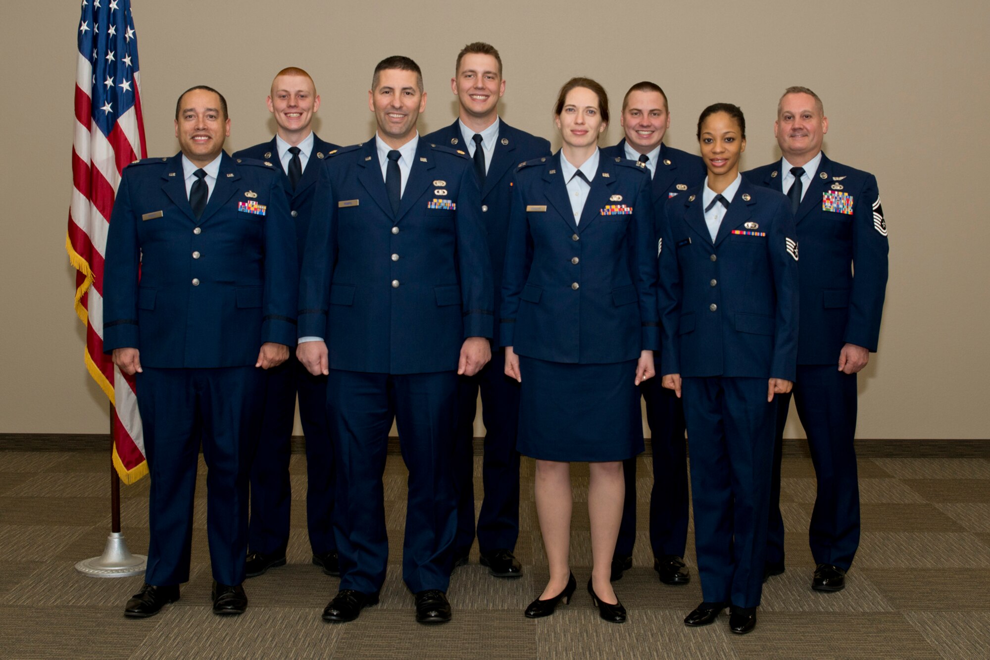Members of the 913th Intelligence Flight pose for a photo during the first Unit Training Assembly weekend of the year at Little Rock Air Force Base, Ark., Jan. 10, 2016. The unit’s officer in change, U.S. Air Force Reserve Lt. Col. Chris Prott, has a yearly photo taken to record who comes and goes from the unit over time. The yearly photo session is one of the few occasions the entire flight is in the same place at one time. (U.S. Air Force photo by Master Sgt. Jeff Walston/Released)