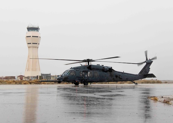 A HH-60G Pave Hawk from Nellis Air Force Base, Nev., will be at Edwards AFB, Calif., until Jan. 22, 2016, where the 412th Test Wing and 418th Flight Test Squadron are providing facilities, range safety, photographic documentation and maintenance support equipment for testing of the GAU-21 .50-caliber machine gun. Edwards AFB’s Gun Harmonizing Range will be used primarily for the testing. (U.S. Air Force photo/Christopher Okula) 