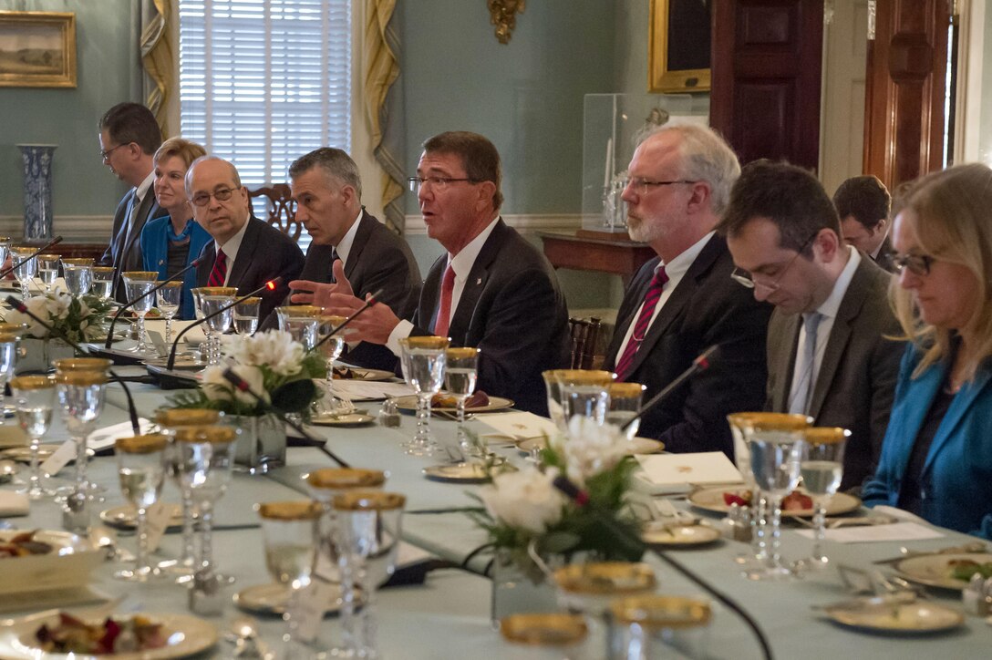 Defense Secretary Ash Carter speaks during a working lunch with Philippine Foreign Secretary Albert del Rosario, not shown, and Philippine Defense Secretary Voltaire Gazmin, not shown, at the State Department in Washington, D.C., Jan. 12, 2016. The leaders met to discuss matters of mutual importance. DoD photo by Air Force Senior Master Sgt. Adrian Cadiz