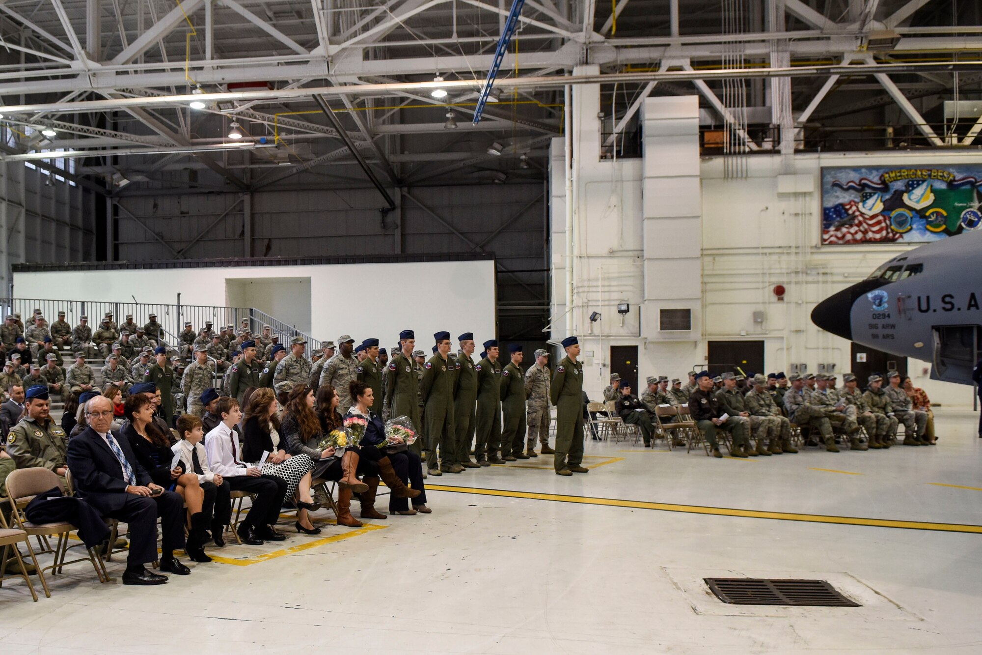 Family and friends gather during the 911th Air Refueling Squadron change of command ceremony, Jan. 8, 2016, at Seymour Johnson Air Force Base, North Carolina. Lt. Col. Philip Morrison took command of the squadrom from Lt. Col. Christopher Daniels. (U.S. Air Force photo/Airman Shawna L. Keyes)