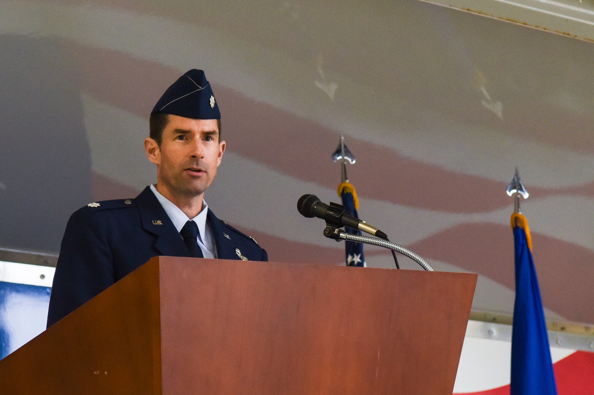 Lt. Col. Christopher Daniels, outgoing 911th Air Refueling Squadron commander, addresses Airmen, Jan. 8, 2016, at Seymour Johnson Air Force Base, North Carolina. Daniels leaves the 911th ARS to become to new 916th Operations Group deputy commander. (U.S. Air Force photo/Airman Shawna L. Keyes)