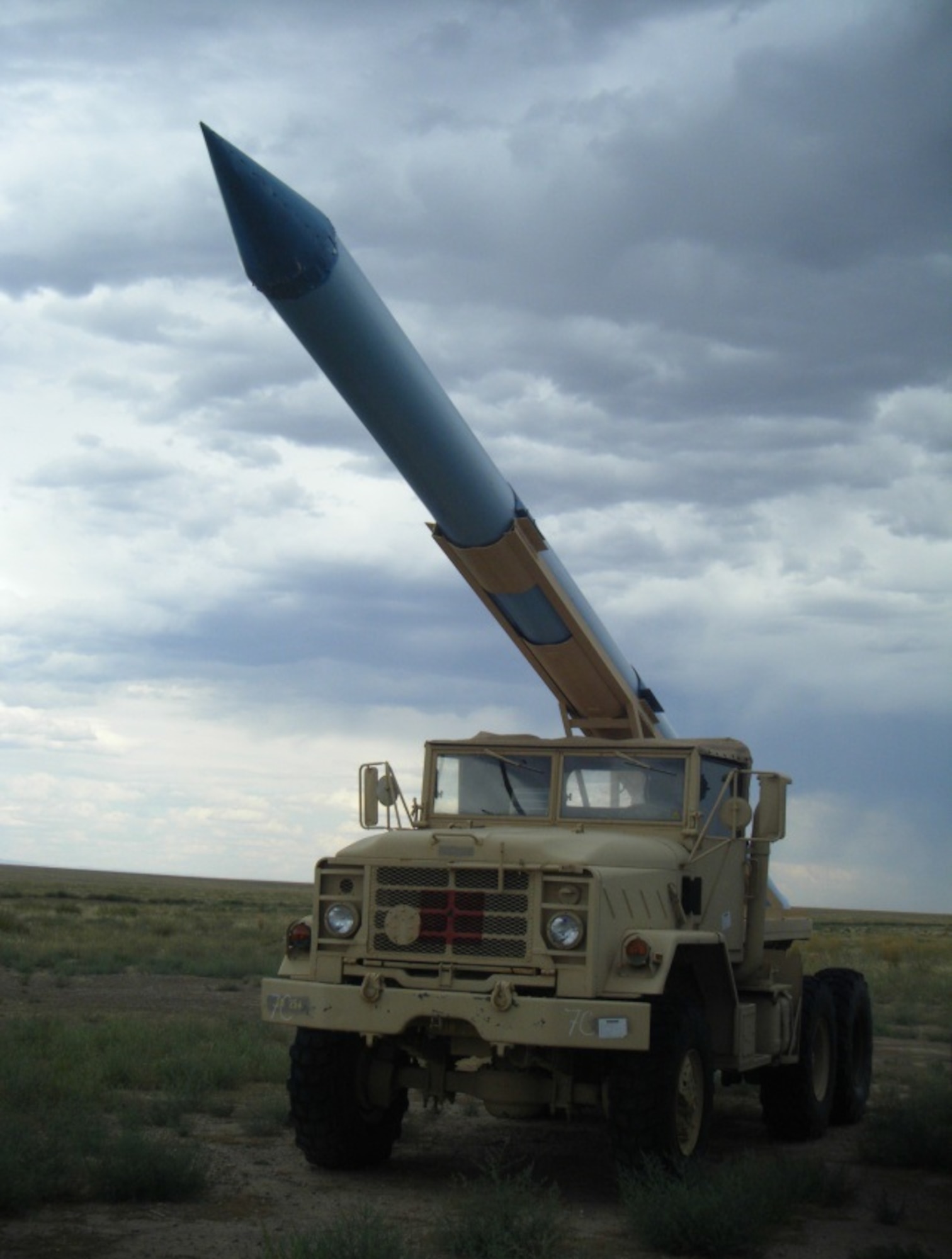 Personnel create a modified target to simulate a Scud missile at Saylor Creek Range Complex, Idaho. Once set up, the target simulates a ready-to-launch missile and can then be lowered and relocated to be set up again. (Courtesy photo)