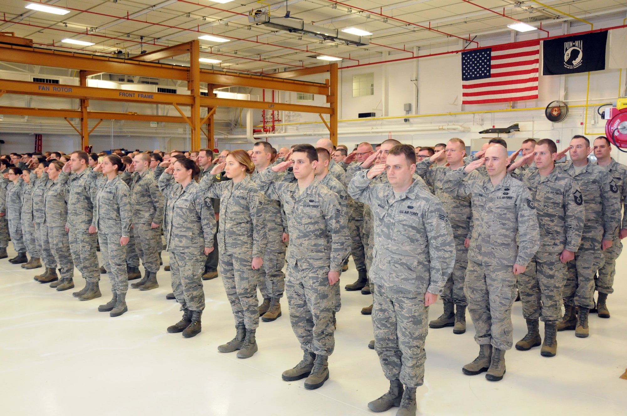 Members of the 183rd Air Operations Group salutes during activation ceremony Jan. 10, 2015 in Springfield, Illinois.  The Illinois Air National Guard unit is responsible for command and control missions in combat theaters around the world.  (U.S.  Air National Guard photo by Master Sgt. Shaun Kerr/Released)