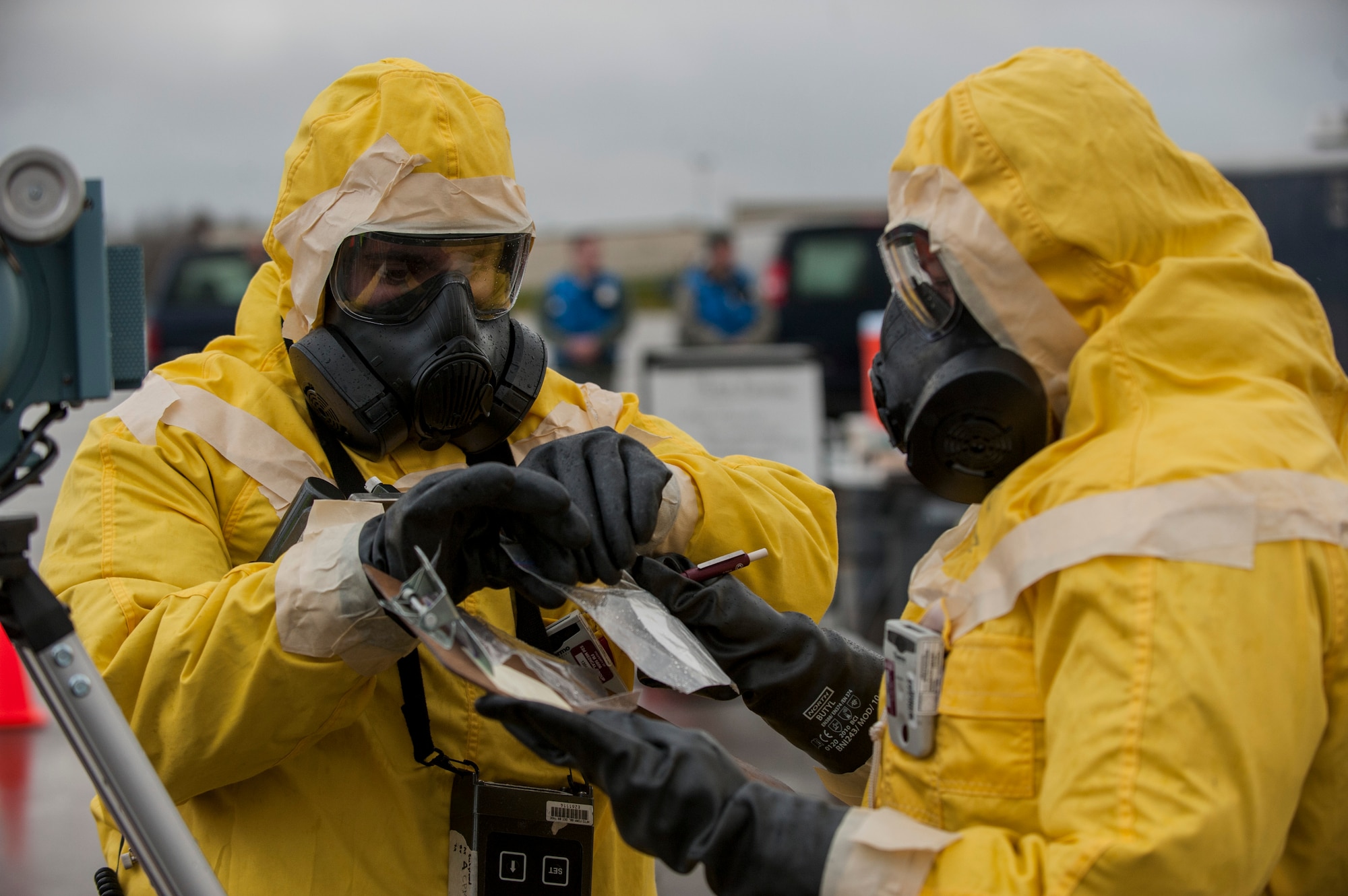 Airmen participate in an exercise on the flightline Jan. 11, 2016, at Spangdahlem Air Base, Germany. The exercise displayed the wing’s ability to respond to a variety of contingencies and mitigate potential threats to the base’s mission. (U.S. Air Force photo by Senior Airman Rusty Frank/Released)