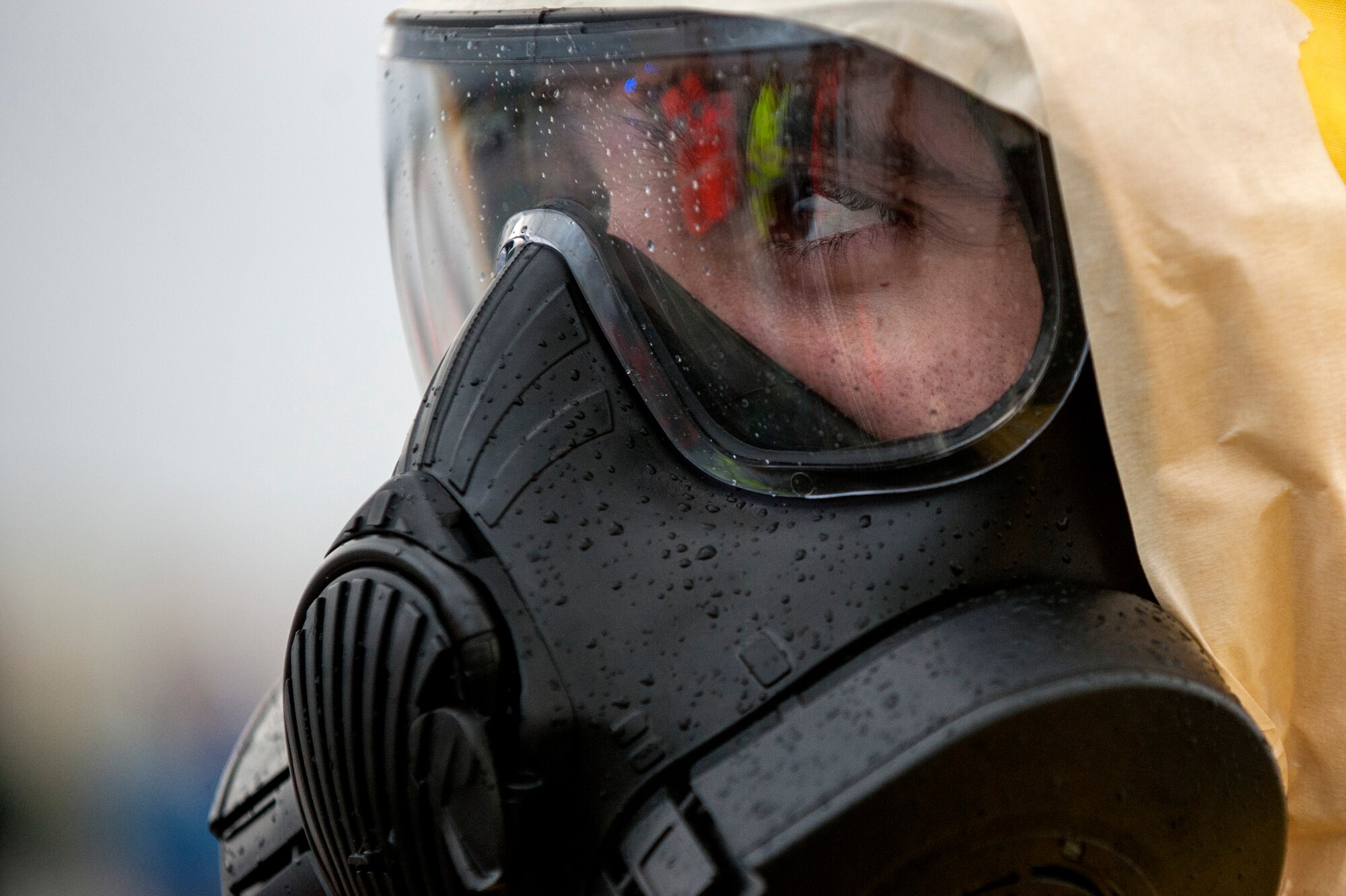 A Spangdahlem Airman participates in an exercise as inspectors review his team’s actions on the flightline Jan. 11, 2016, at Spangdahlem Air Base, Germany. Inspectors ensure participants adhere to regulations while gaining experience ahead of any potential crises. (U.S. Air Force photo by Senior Airman Rusty Frank/Released)