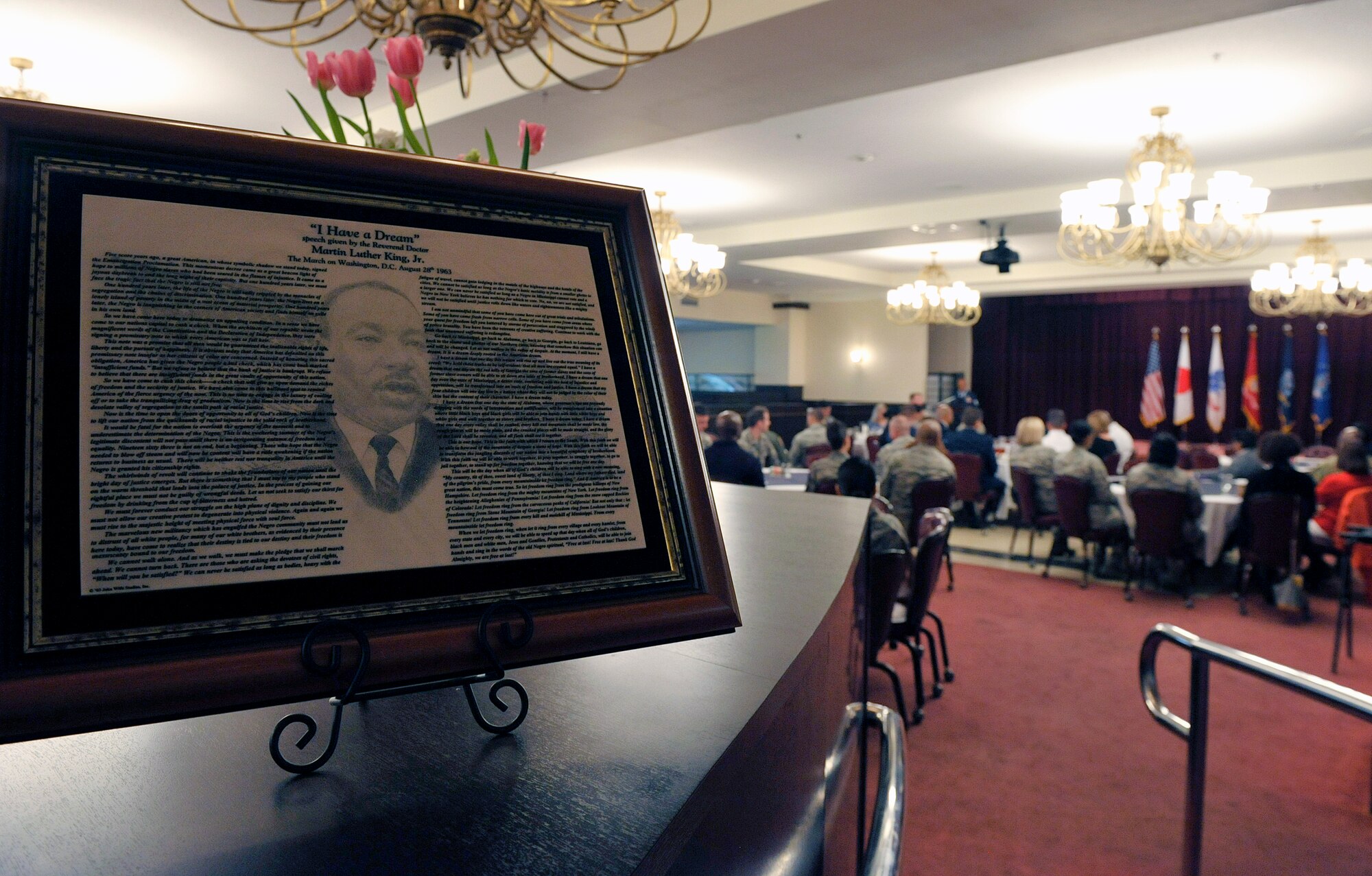 The 18th Wing Martin Luther King Jr. Observance Committee conducts the annual MLK Day memorial luncheon at the Kadena Officers' Club, Jan. 12, 2016, at Kadena Air Base, Japan. The luncheon is held annually as a means to cultivate historical change in the military community. (U.S. Air Force photo by Naoto Anazawa)