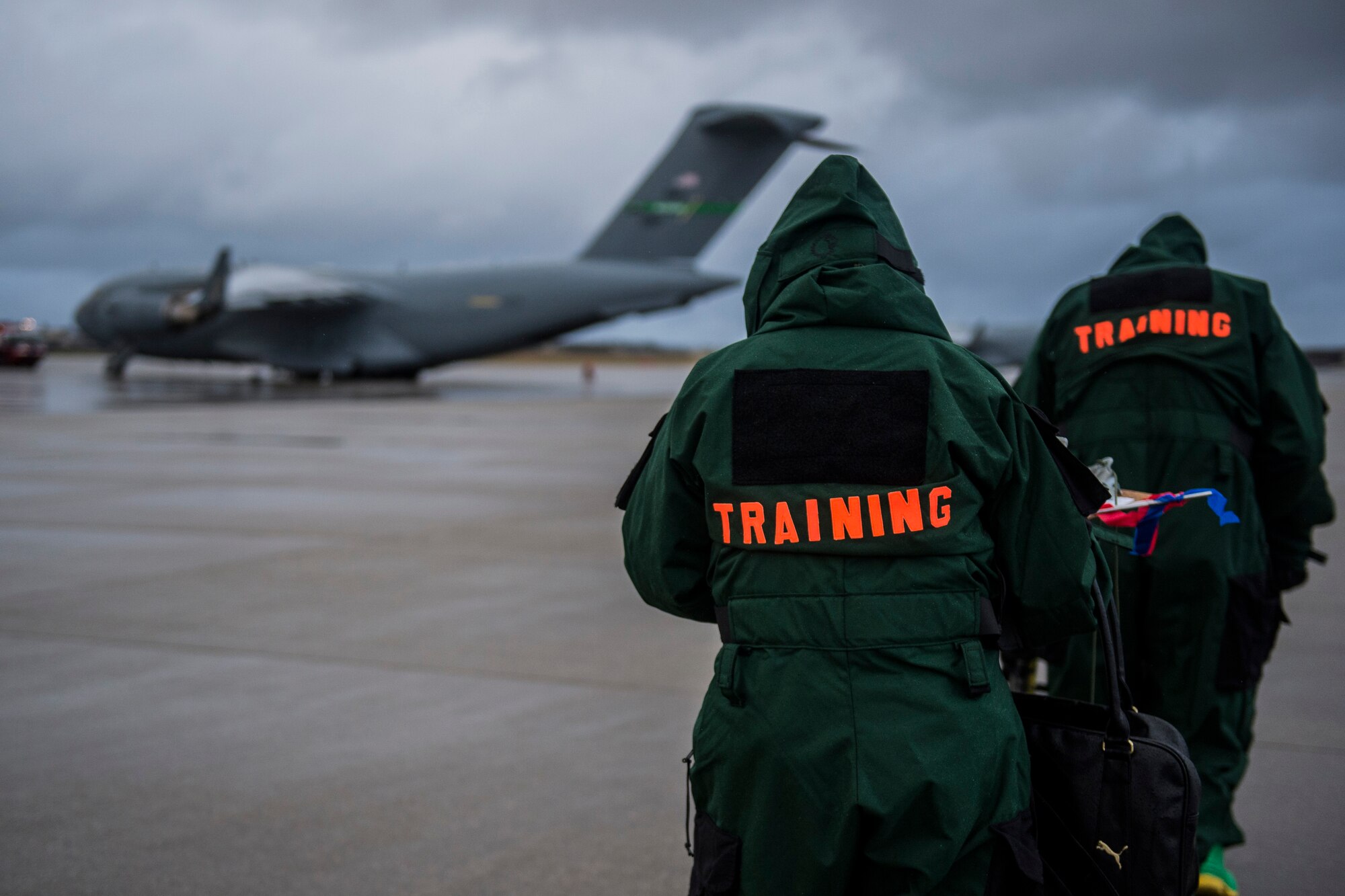 Emergency response Airmen conduct training on the flightline at Spangdahlem Air Base, Germany, Jan. 12, 2016. Exercise coordinators prepared the scenario to test the participants’ abilities to adhere to regulations while gaining experience ahead of potential crises. (U.S. Air Force photo by Airman 1st Class Luke Kitterman/Released)