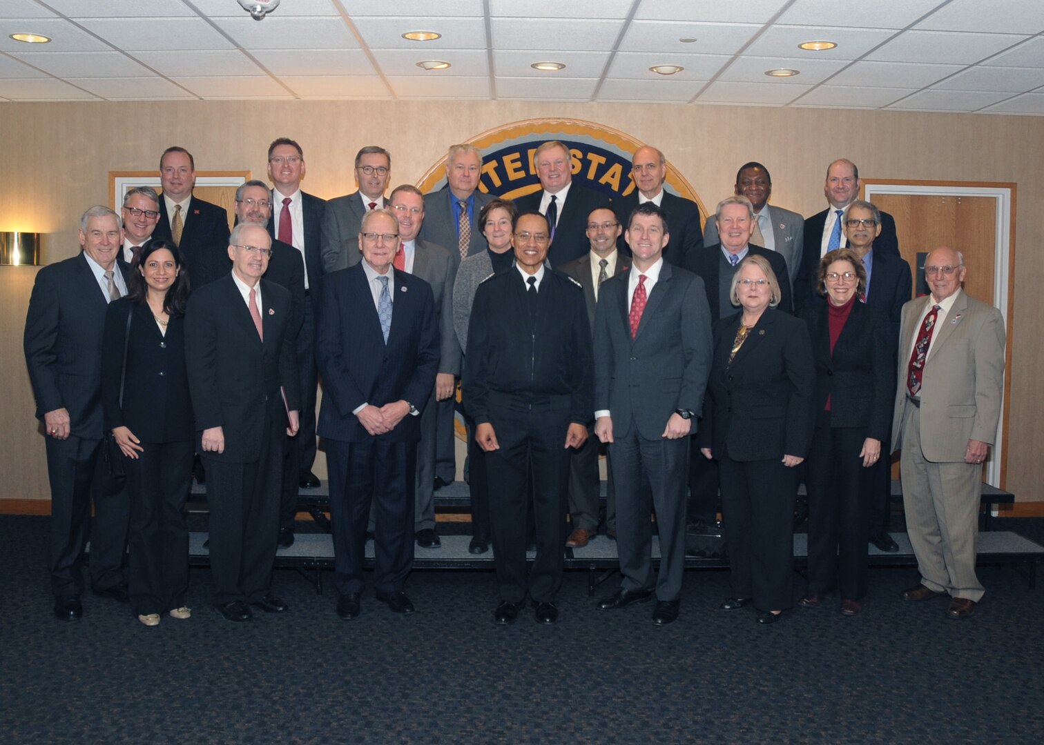 U.S. Navy Adm. Cecil D. Haney (center), U.S. Strategic Command (USSTRATCOM) commander, poses for a photo with senior leaders from the University of Nebraska during their visit to USSTRATCOM Headquarters, Offutt Air Force Base, Neb., Jan. 12, 2016. Hosting the delegation supports USSTRATCOM's Deterrence and Assurance Academic Alliance, which was established in Oct. 2014 to stimulate new thinking and develop future generations of deterrence practitioners. Since then, 20 local and national universities have joined the alliance, including the University of Nebraska campuses. During their visit, the delegation received a USSTRATCOM mission brief from Haney, toured the Global Operations Center and held discussions with subject matter experts from the command. Hosting the engagement is part of USSTRATCOM's ongoing effort to build and maintain enduring relationships with partner organizations from the private sector, academia and allied nations. One of nine DoD unified combatant commands, USSTRATCOM has global strategic missions, assigned through the Unified Command Plan, which include strategic deterrence; space operations; cyberspace operations; joint electronic warfare; global strike; missile defense; intelligence, surveillance and reconnaissance; combating weapons of mass destruction; and analysis and targeting. (USSTRATCOM photo by Steve Cunningham)