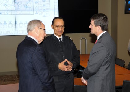 U.S. Navy Adm. Cecil D. Haney (center), U.S. Strategic Command (USSTRATCOM) commander, talks with Dr. Hank M. Bounds (right), President of the University of Nebraska, and Dr. John E. Christensen, Chancellor of the University of Nebraska Omaha (left), during their visit to USSTRATCOM Headquarters, Offutt Air Force Base, Neb., Jan. 12, 2016. Bounds and 20 other senior leaders from the University of Nebraska received a USSTRATCOM mission brief from Haney, toured the Global Operations Center and new Command and Control Facility, and held discussions with subject matter experts from the command. Hosting the delegation supports USSTRATCOMâ€™s Deterrence and Assurance Academic Alliance which was established in Oct. 2014 to stimulate new thinking and develop future generations of deterrence practitioners. Since then, 20 local and national universities have joined the alliance, including the University of Nebraska campuses. Hosting the engagement is part of USSTRATCOMâ€™s ongoing effort to build and maintain enduring relationships with partner organizations from the private sector, academia and allied nations. One of nine DoD unified combatant commands, USSTRATCOM has global strategic missions, assigned through the Unified Command Plan, which include strategic deterrence; space operations; cyberspace operations; joint electronic warfare; global strike; missile defense; intelligence, surveillance and reconnaissance; combating weapons of mass destruction; and analysis and targeting. (USSTRATCOM photo by Jim Lamar)