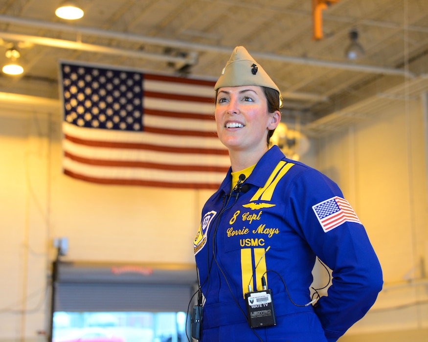 Marine Capt. Corrie Mays, pilot for Blue Angel Demonstration Team F-18 Hornet #8 speaks to local media at McGhee Tyson Air National Guard Base, Tennessee about the upcoming Smoky Mountain Air Show.  (U.S. Air National Guard photo by Master Sgt. Kendra M. Owenby, 134 ARW Public Affairs)
