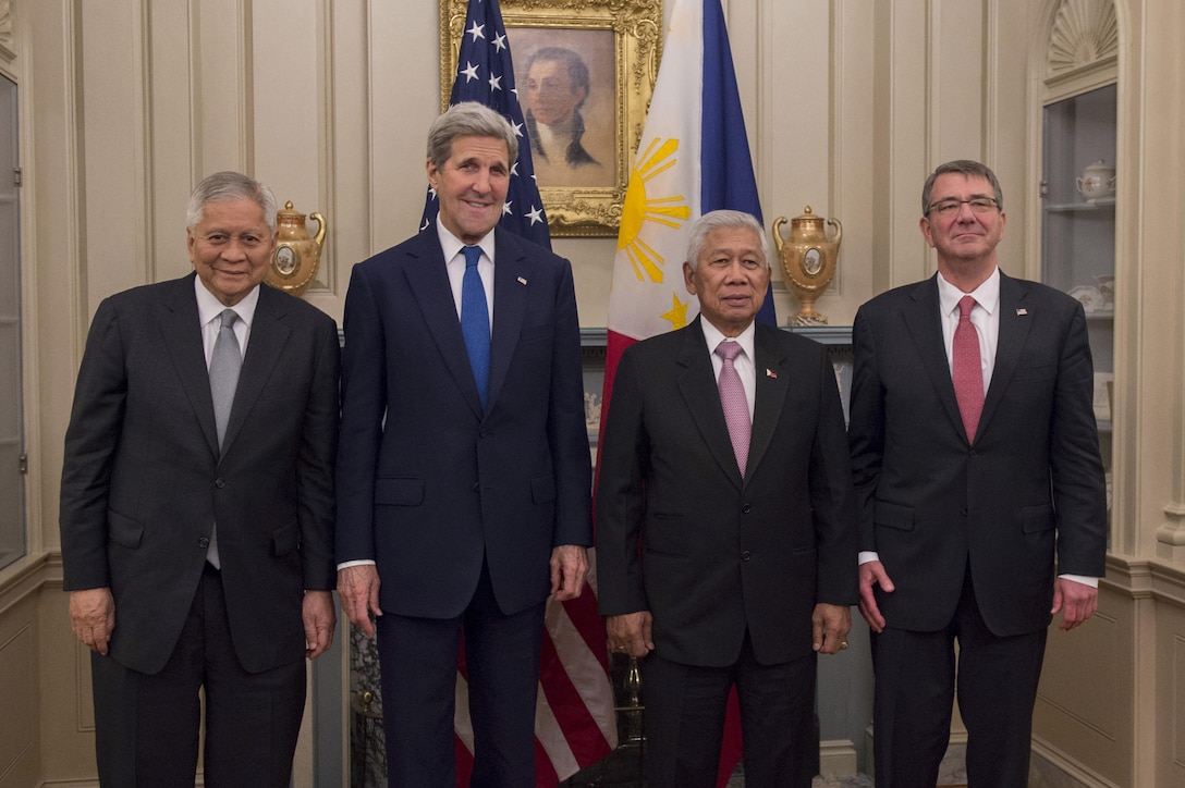 Secretary of State John Kerry and Defense Secretary Ash Carter pose for a photo with Philippine Foreign Secretary Albert del Rosario, left, and Philippine Defense Secretary Voltaire Gazmin, second from right, at the State Department, Jan. 12, 2016. The leaders met to discuss matters of mutual importance. DoD photo by Air Force Senior Master Sgt. Adrian Cadiz