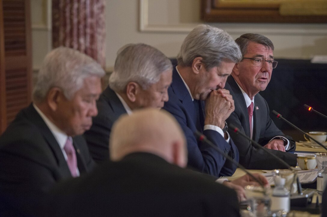 Defense Secretary Ash Carter makes remarks as he and Secretary of State John Kerry meet with Philippine Foreign Secretary Albert del Rosario and Philippine Defense Secretary Voltaire Gazmin at the State Department, Jan. 12, 2016. The leaders met to discuss matters of mutual importance. DoD photo by Air Force Senior Master Sgt. Adrian Cadiz